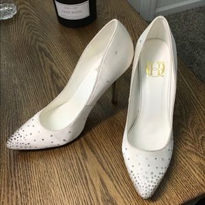 Crystal embellished off white satin pumps